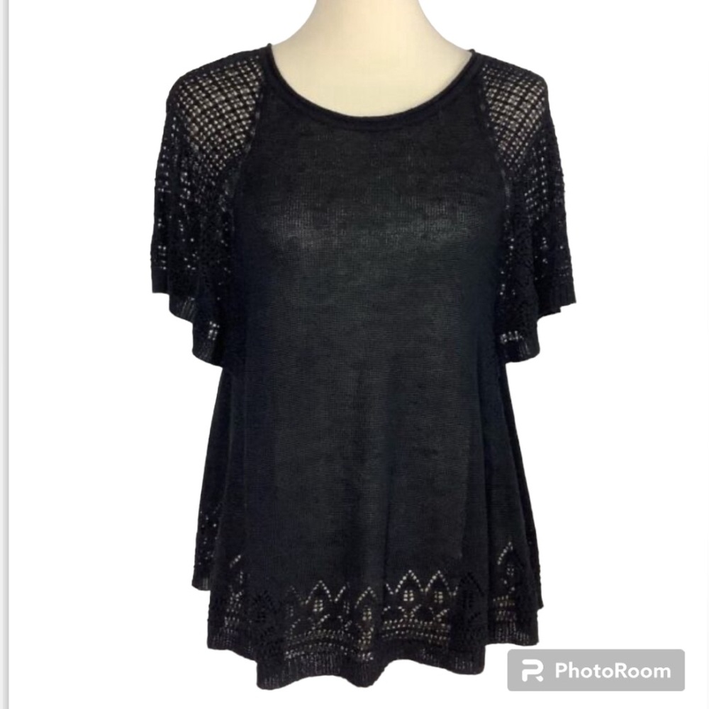 Anthropologie Meadow Rue Black Crochet Knit Flutter Sleeve Sweater Size Medium